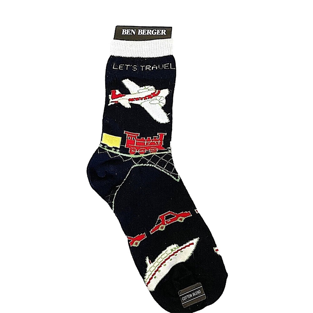 NWT ~Vintage BEN BERGER Black LET'S TRAVEL Theme Women's NOVELTY SOCKS sz 9-11